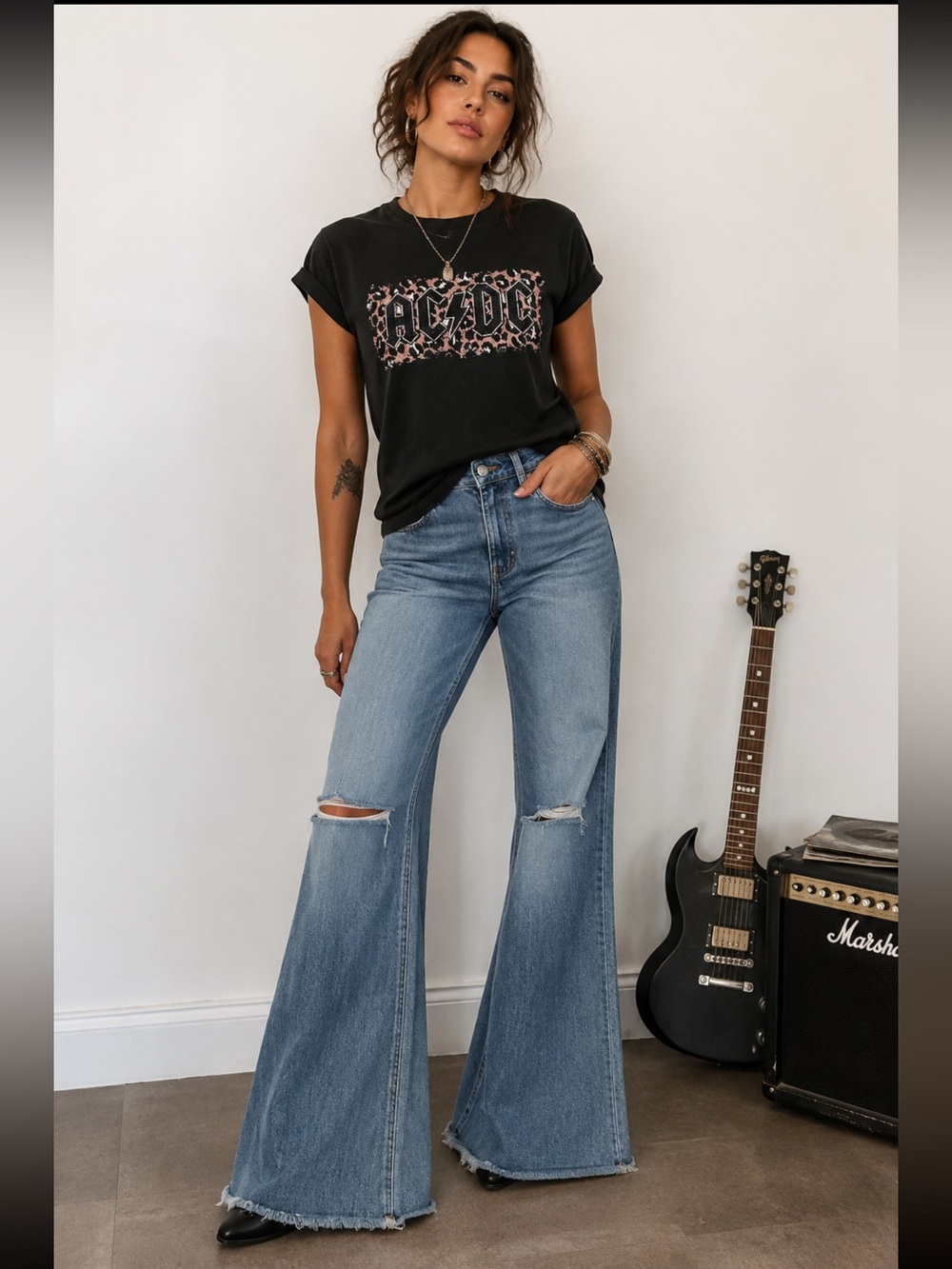 AC/DC Black Tee with Pale Pink Leopard Accent